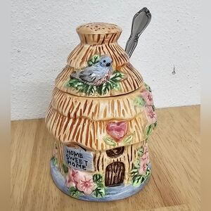 Decorative Bee Skep Honey Jar with Bird Accent - Cream and Pink Home Art